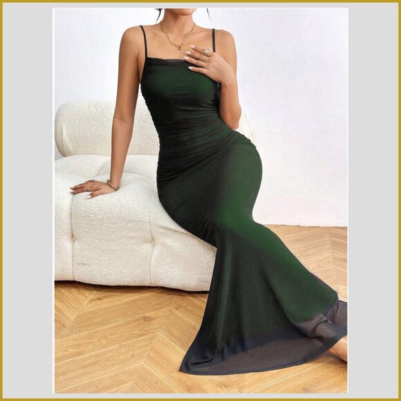 Green Spaghetti Strap Maxi Dress with Mesh Hem Bodycon | Size M - Picture 1 of 5